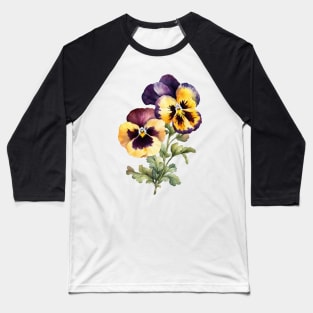 Vintage Pansy Bouquet Yellow & Purple Watercolor Flowers Baseball T-Shirt